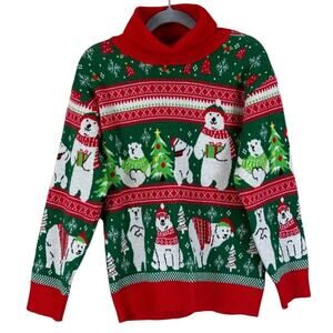 Kids Christmas Sweater Unisex 11Y Red Green Polar Bear Turtleneck Holiday Fun